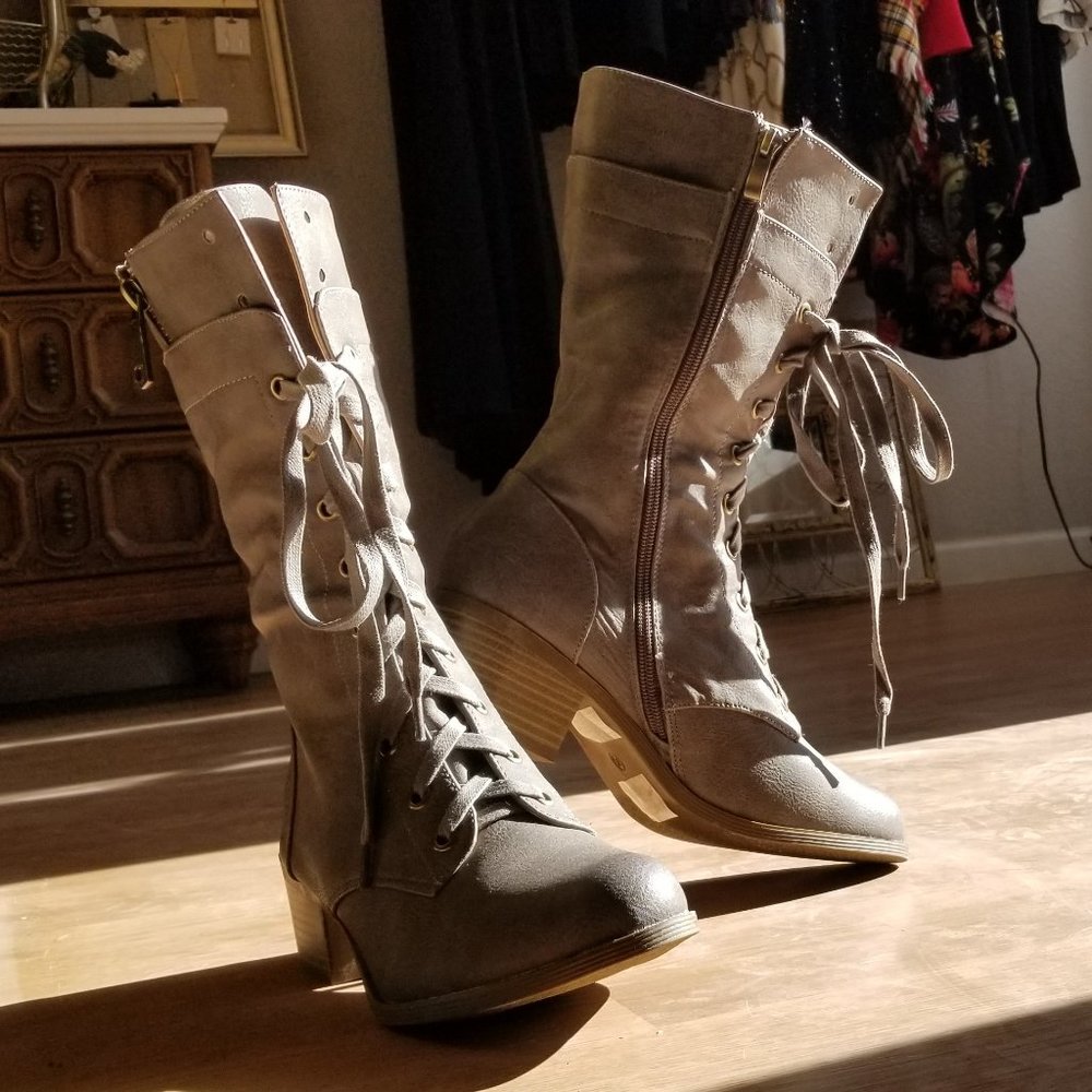 Gray distressed lace up hiking combat fashion boot